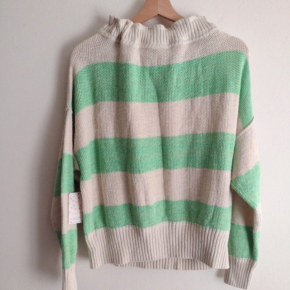 Free People Striped Linen Blend Sweater XS NEW Oversized Green Ivory Pullover - Picture 8 of 11